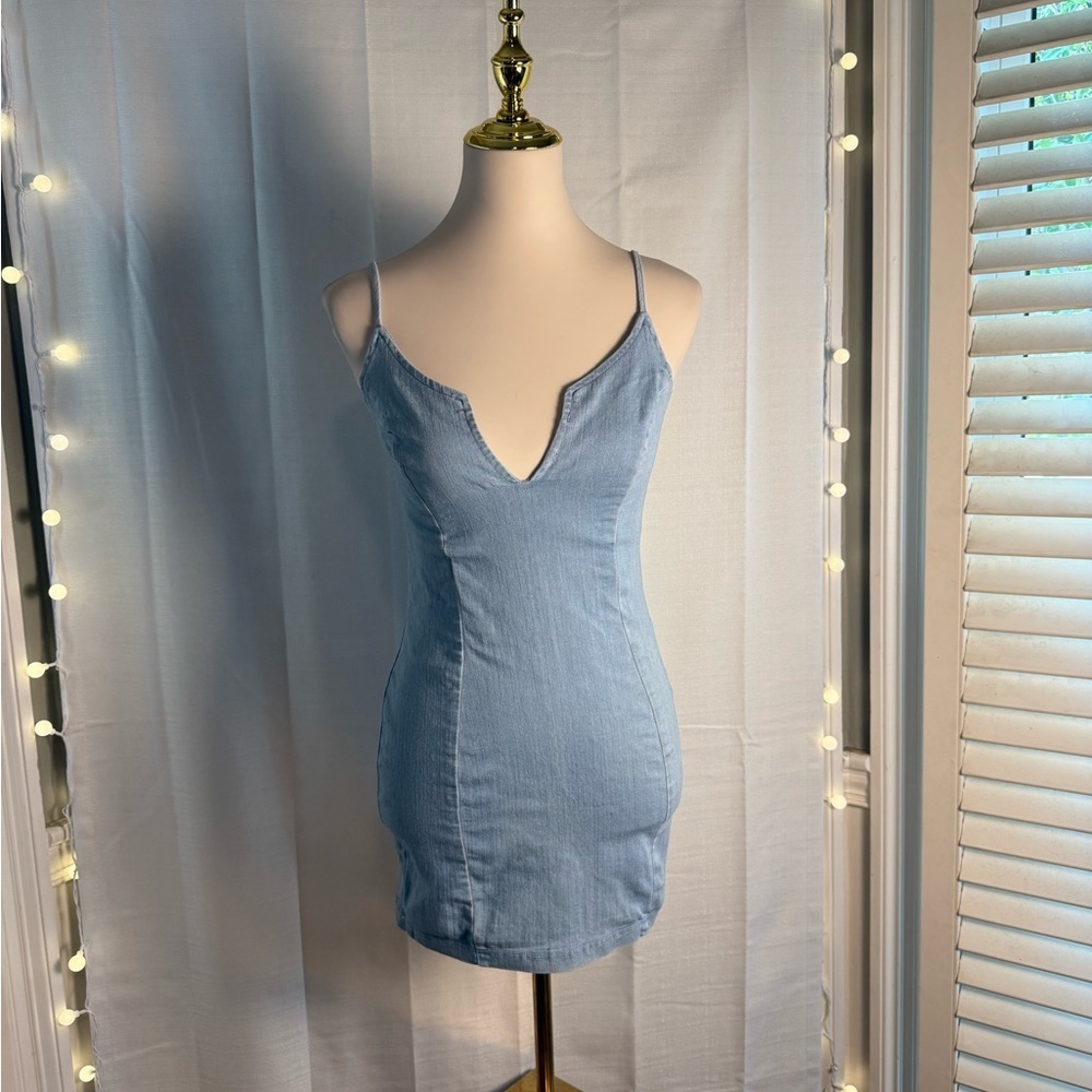 Mele E Pere Blue Jean Bodycon Mini Dress with Plunge Neckline - Picture 1 of 7